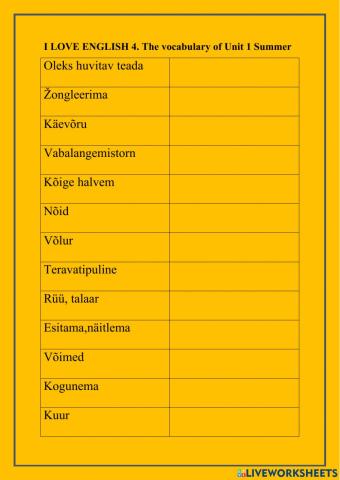 I LOVE ENGLISH 4 The vocabulary of Unit 1 Summer