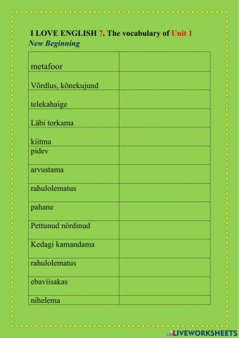 I LOVE ENGLISH 7. The vocabulary of Unit 1 New Beginning