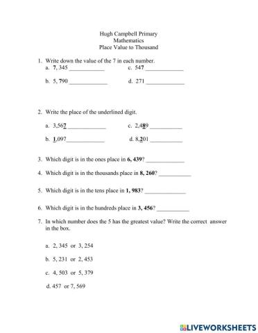 Place Value to Thousands