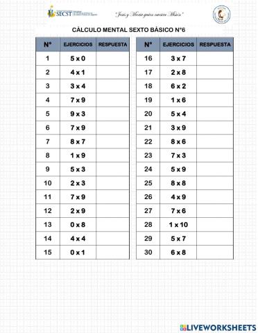 Cálculo mental sexto básico 6