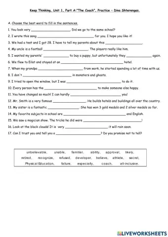 Keep Thinking, The Coach, Vocabulary Practice
