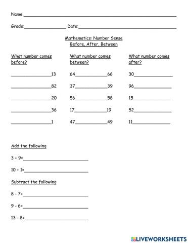 Before, After, Between: Number Sense