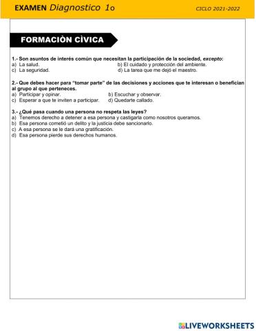 Evaluación diagnóstica Formación Cívica 1er grado