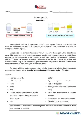 Experimento sobre separação de misturas