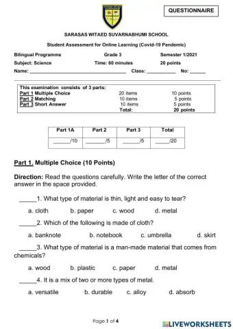 Science Final Exam for Grade 3