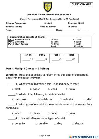 Science Final Exam for Grade 3