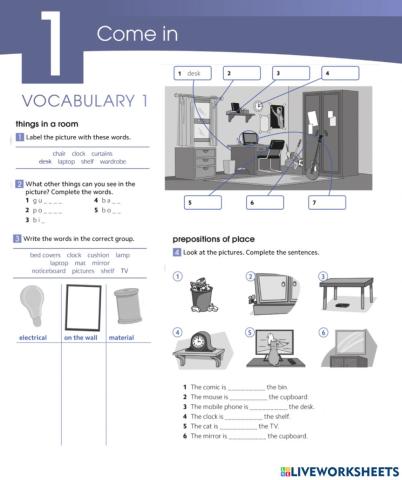 Things in a room and prepositions of place