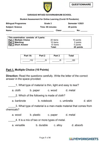Science Final Exam for Grade 3