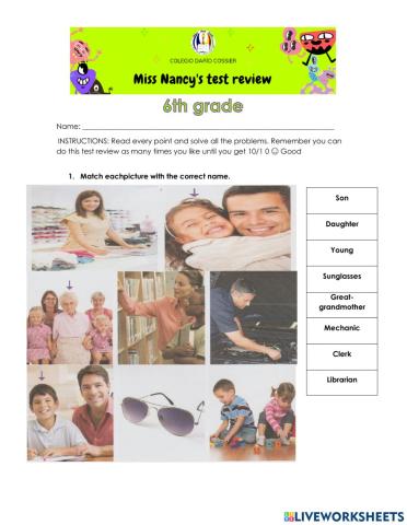 INGLÉS- Cuestionario examen de septiembre. Sexto Grado 2020