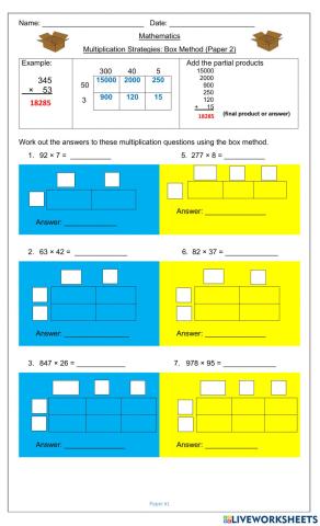 Multiplication Strategies: Box Method (Paper 2)