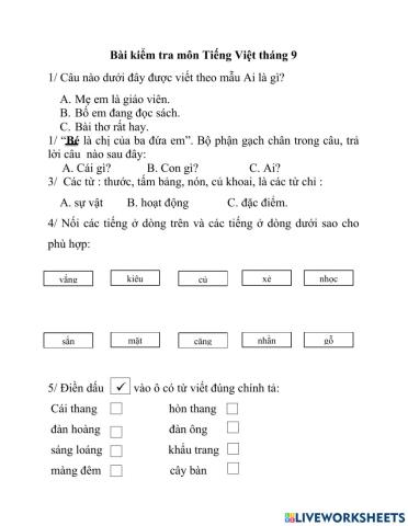 Bài kiểm tra môn Tiếng Việt tháng 9