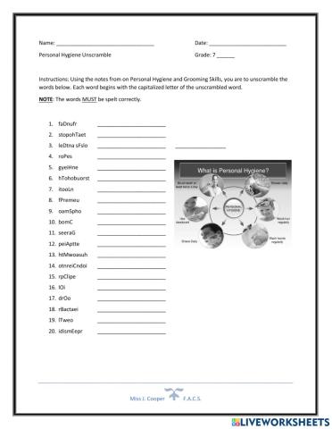 Personal Hygiene Unscramble