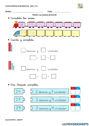 Ficha Matemáticas 9-1EP-Los números del 20 al 29