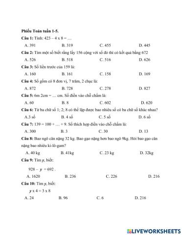 Toán ôn tập tuần 1-5