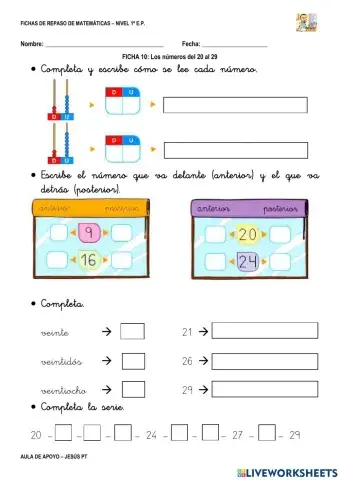 Ficha Matemáticas 10-1EP-Números entre 20 y 29