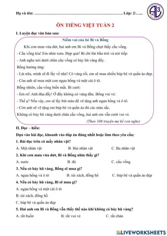 Ôn tập Tiếng Việt lớp 2 tuần 2