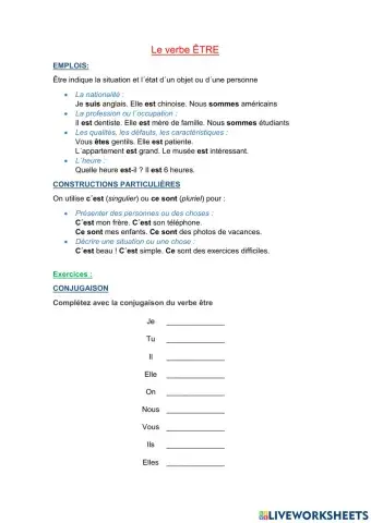 Le verbe ÊTRE