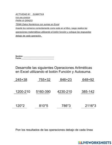 Operaciones matemáticas en Excel