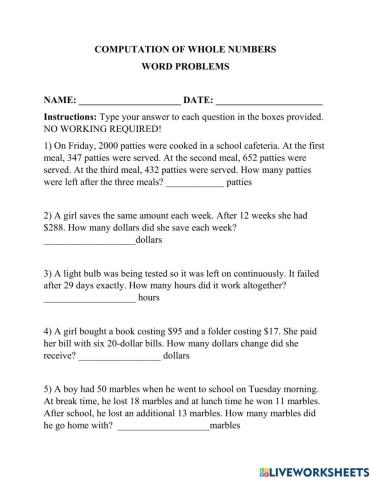 Computation of Whole Numbers Word Problems