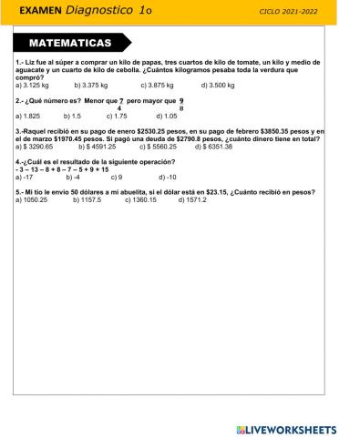 Evaluación diagnóstica Matemáticas 1er grado