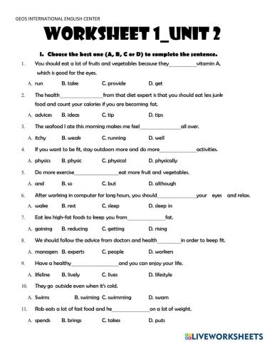 Worksheet 1-Unit 2-Grade 7