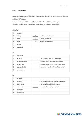 Band 2 (Core 2) - Unit 1 - Test