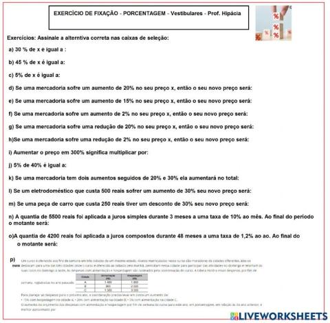 Treinamento porcentagem, juros para vestibulares