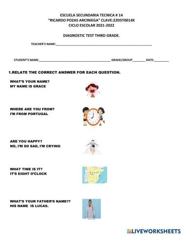 EXAMEN DIAGNOSTICO TERCER GRADO INGLES