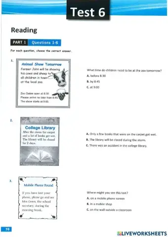 6E 5.9 Reading p1 - test 6 - A2