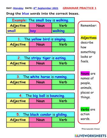 Adjectives Nouns Verbs