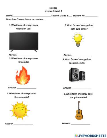 Science Live worksheet (Forms of energy)