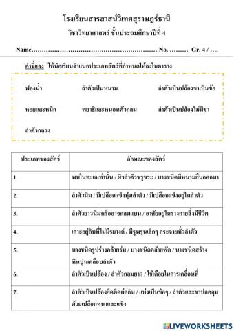 แบบฝึกหัดสัตว์ไม่มีกระดกสันหลัง