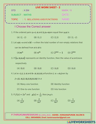 Std: 10 relation and function  p.thirukumaresakani