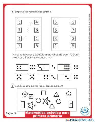 Matemática práctica para primero primaria pág. 10 - Empareja los números que sumen 8
