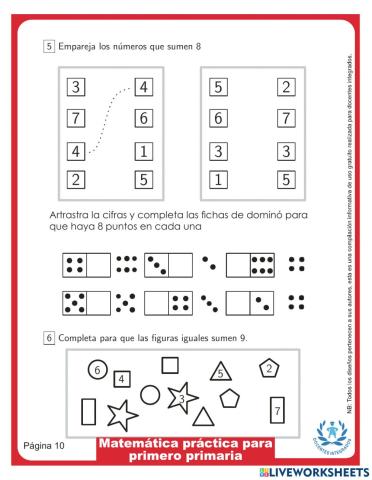Matemática práctica para primero primaria pág. 10 - Empareja los números que sumen 8