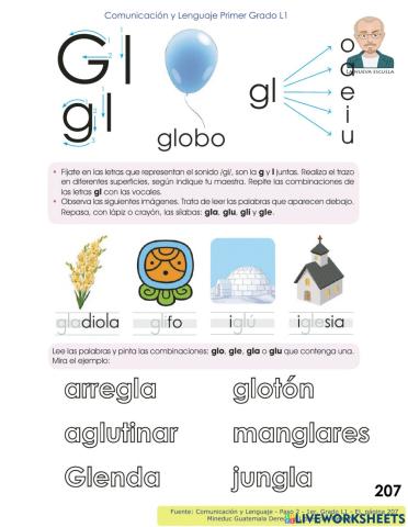 Comunicación y Lenguaje 1 L1 - Paso 2, p 207 - Aprendamos la combinación G y L -Gl-