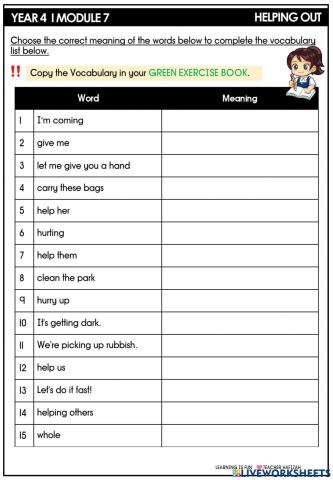 Year 4 module 7- vocabulary i helping out