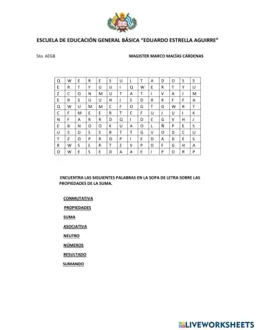Sopa de letra (propiedades de la suma)