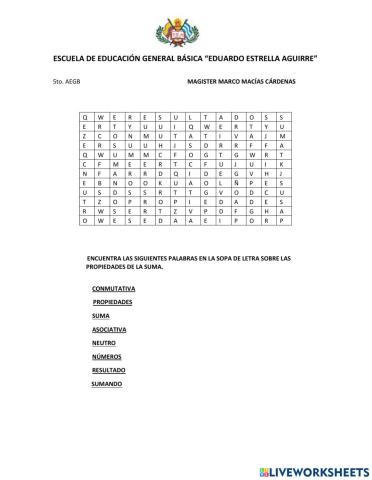 Sopa de letra (propiedades de la suma)