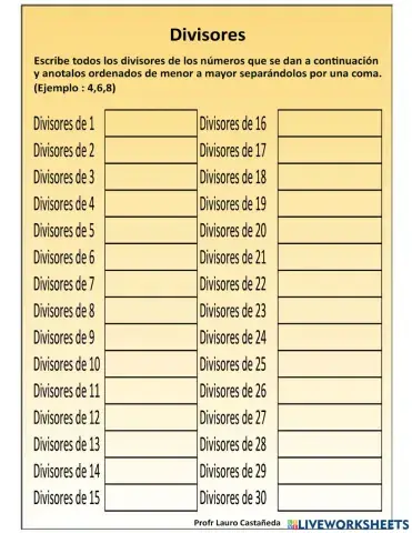 Divisores de los números naturales hasta 30