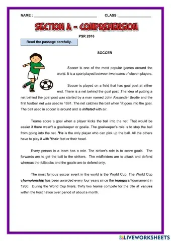 Section A Comprehension PSR 2016