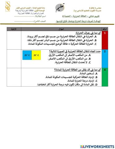 تقييم قبلي - الجزء الرابع - الطاقة الحرارية