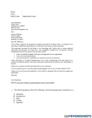 Daily Exam about Application Letter