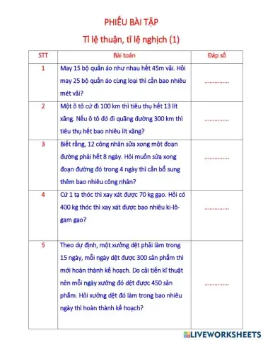 Kiểm tra Toán tỉ lệ thuận nghịch số 1