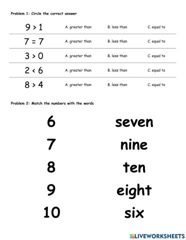 Numbers 6-10 - greater than, less than, equal to