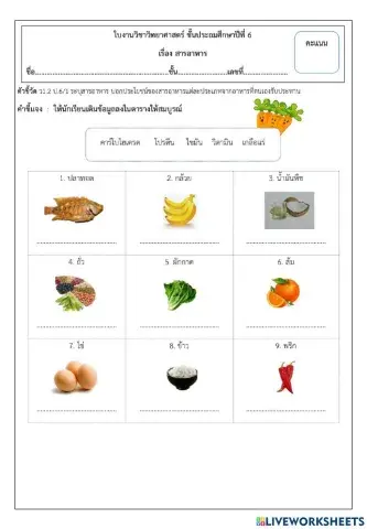 ใบงาน เรื่องสารอาหาร ป.6