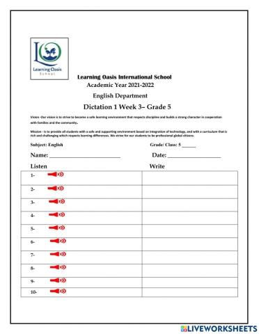 Grade 5 Dictation 1 Week 3