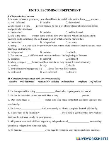 Grade 11- unit 3: Becoming independent - 1