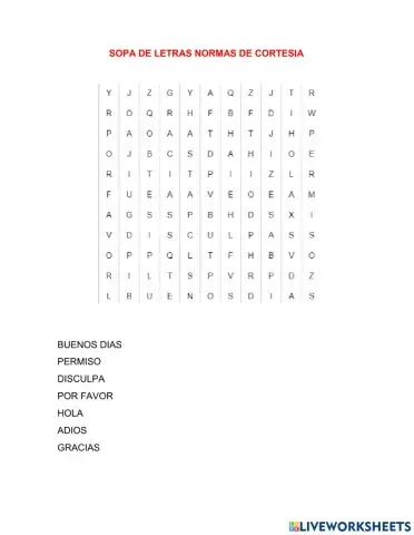Sopa De Letras Normas De Cortesía