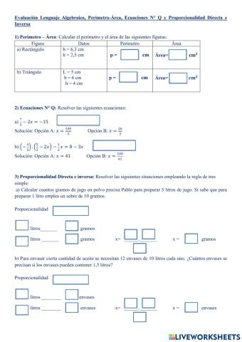 Evaluación TAE Lenguaje Algebraico, Ecuaciones N° Q, Proporcionalidad directa e inversa